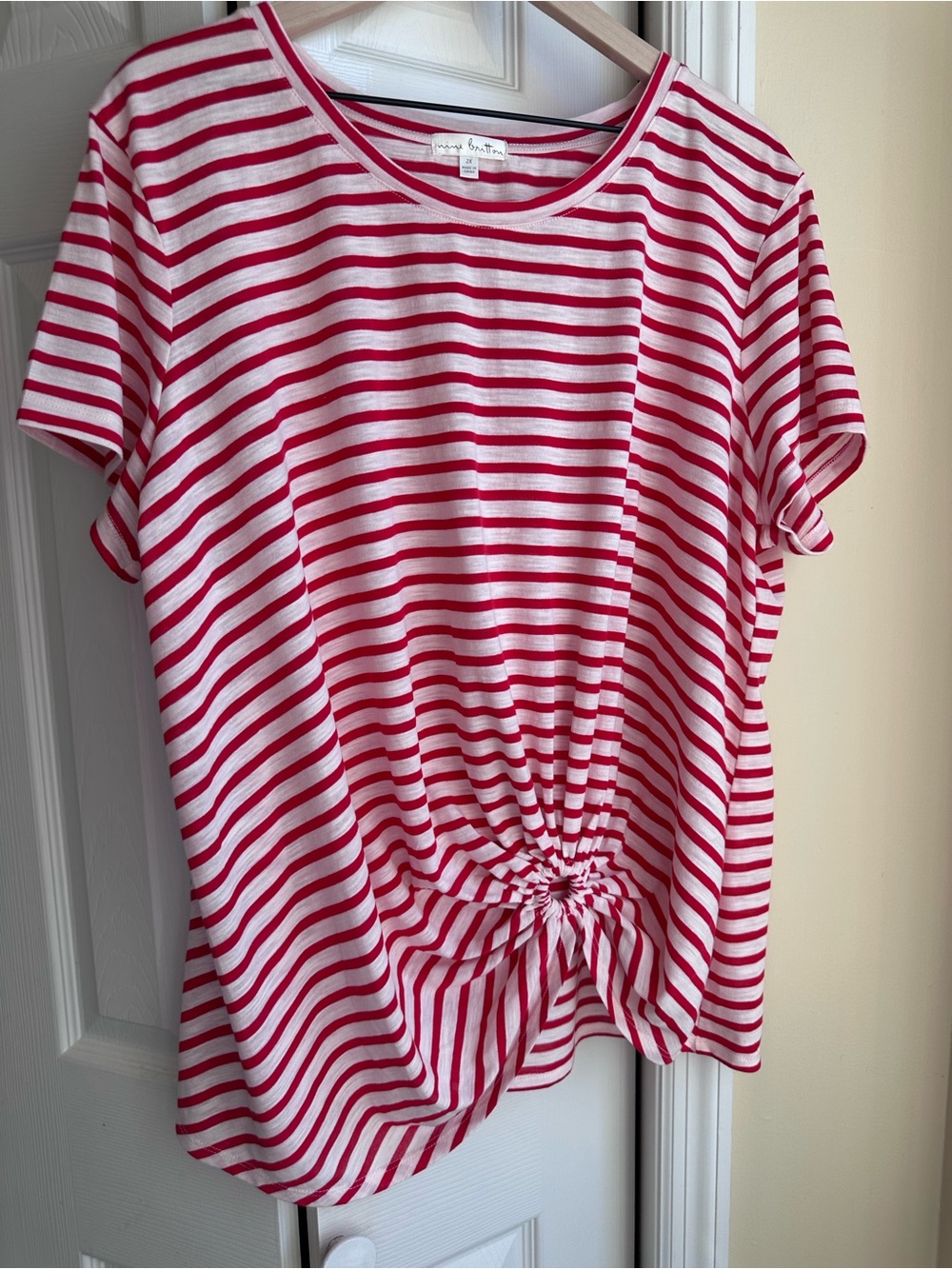 Nine Britton Red & White Striped Knot-Front Short Sleeve Tee